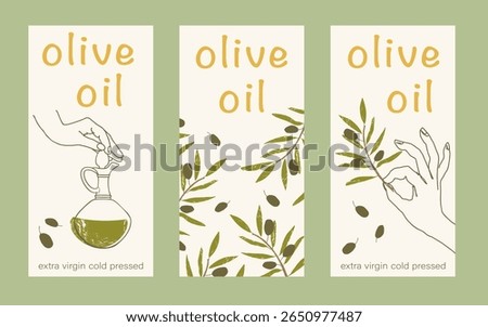 Olive oil label. Hand drawn hand with olive tree branche with leaves and olives, bottle with olive oil . Organic or artisanal product labels, branding, food packaging