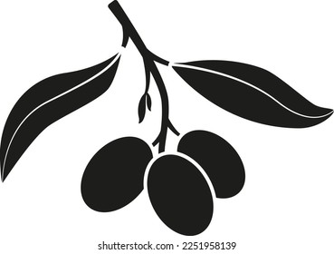 Olive oil label or logo for farm store, market. Olive branch with leaves and olives silhouette. Emblem fororganic olive oil. Vector illustration isolated on white background.