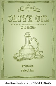 Verpackungsdesign für Olivenöl-Etiketten. Handgezeichnete Illustration von Ölflaschen und Oliven auf grünem Hintergrund.