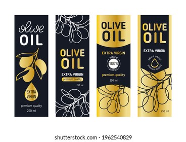 Olive oil label premium set  with continuous line hand drawn olive branch. Vector illustraion, minimalism, simplicity one line drawing, black, gold. Template for packagin. Olive logo luxury modern 