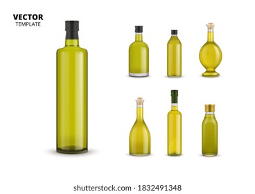 Olive oil label set. Isolated organic extra virgin olive oil glass bottle with label design icons. Realistic healthy natural food collection. Fresh vegetarian product ingredient vector illustration