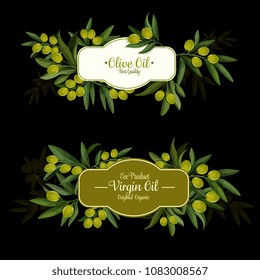 Olive oil label set of natural organic olive product. Olive tree branch with ripe green fruit and fresh leaf isolated symbol with copy space in center. Extra virgin oil packaging design