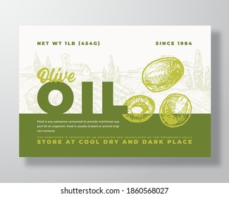 Olive Oil Label Template. Abstract Vector Packaging Design Layout. Modern Typography Banner with Hand Drawn Green Olives and Rural Landscape Background. Isolated.