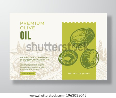 Olive Oil Label Template. Abstract Vector Packaging Design Layout. Modern Typography Banner with Hand Drawn Green Olives and Rural Landscape Background. Isolated.