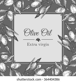 Olive oil label template with graphic olive branch illustration 