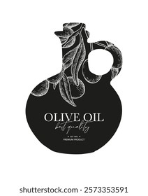 Olive oil label template. Olive leaves and branches vector drawing. Hand drawn sketch with bottle. Banner, product packaging, design concept. Engraved food or cosmetic ingredient concept.