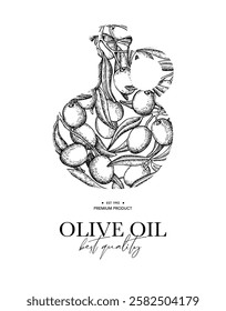 Olive oil label template. Olive leaves and branches vector drawing. Hand drawn sketch with bottle. Banner, product packaging, design concept. Engraved food or cosmetic ingredient concept.