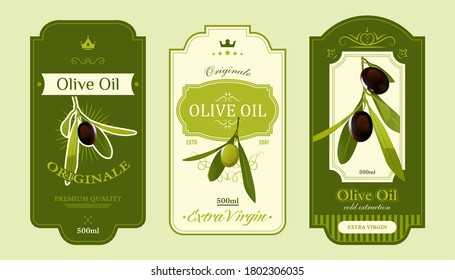 Olive oil label templates set. Set of stickers with text and olive fruits, packaging for bottle of natural oil. Vector illustrations for healthy diet, organic food production concepts