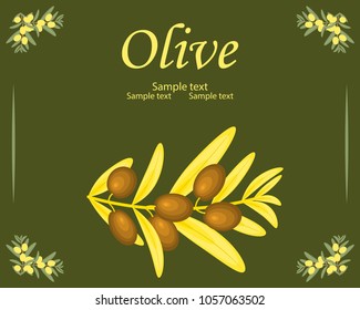 Olive oil label template.Vector decorative gold and yellow olive branch on the dark green background.For labels,pack.Isolated, hand drawn vector illustration