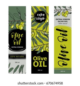 Olive oil labels collection. Hand drawn vector illustration templates for olive oil packaging.