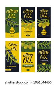 Olive oil labels extra virgin premium quality set with olive branches, handwritten sign. Vector illustration, cartoon, template collection, background, banner, sticker, bage, packaging, emblem, sign
