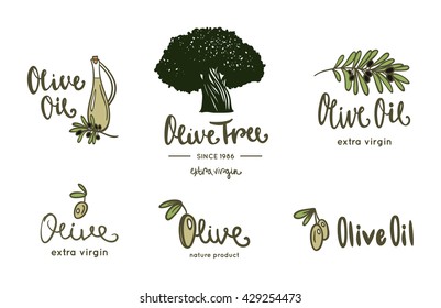 Olive oil labels, logo and design elements. Vector packaging design elements and templates for olive oil labels and bottles.