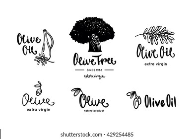 Olive oil labels, logo and design elements. Vector packaging design elements and templates for olive oil labels and bottles.