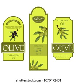 Olive oil labels vector illustration green organic food templates for fresh olive oil vegetarian packaging sticker. 