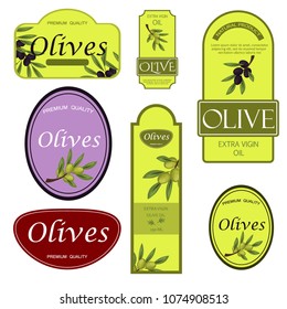 Olive oil labels vector illustration green organic food templates for fresh olive oil vegetarian packaging sticker. Natural leaf vegetable branch product tag advertising template.