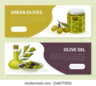 Olive oil landing page template. Green olives premium quality natural product web banners set