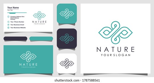 olive oil and leaf with line art style. water drop natural Vector logo design and business card. logo for beauty, Cosmetics, yoga and spa. logo and business card design.