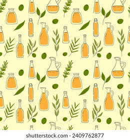 olive oil and leaves seamless pattern. Vector illustration