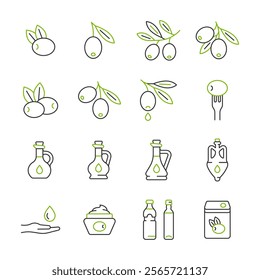 Olive oil line color icon set. Vector collection with olive branch, glass bottle, fork, cream.