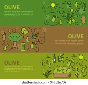 Olive oil line flat icons banners set. Vector illustration. Creative vegetarian food concept.  Olive tree branch. Olive oil bottle. Banner template with place for your text message.