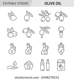 Conjunto de iconos de tubería de aceite de oliva. colección de Vector con rama de olivo, botella de vidrio, tenedor, crema. Trazo editable.