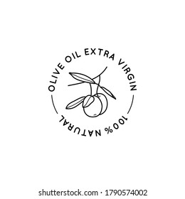 Olive Oil Line Logo. Outline Botanical Branch with leaves and with Fruit In a Modern Minimal Style. Vector Round Icon, Sticker, Stamp, Tag For oil, soap, cosmetics