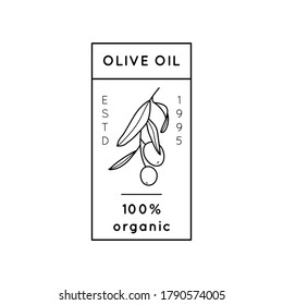 Olive Oil Line Logo. Outline Botanical Branch with leaves and with Fruit In a Modern Minimal Style. Vector Icon, Sticker, Stamp, Tag For oil, soap, cosmetics