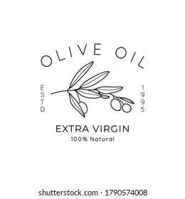 Olive Oil Line Logo. Outline Botanical Branch with leaves and with Fruit In a Modern Minimal Style. Vector Icon, Sticker, Stamp, Tag For oil, soap, cosmetics