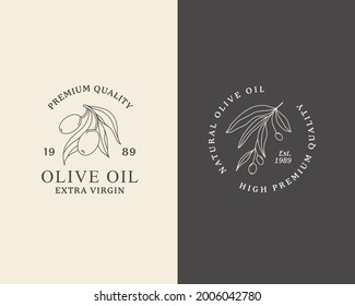Olive Oil Line Logo. Outline Botanical Branch with leaves and with Fruit In a Modern Minimal Style. Vector Icon, Sticker, Stamp, Tag For oil, soap, cosmetics
