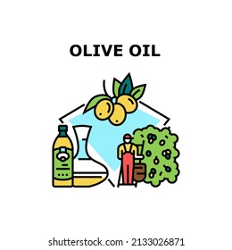 Concepto de ícono del vector líquido de aceite de oliva. Botella Líquida De Aceite De Oliva Virgen Extra Y Carafa Preparada A Partir De Ingredientes Agrícolas Naturales. Cosechadora Cosechando Fruta De Vitamina Del Árbol. Ilustración de color