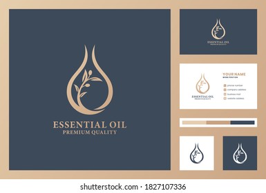 Olive Oil Logo Design Inspiration With Business Card Design Premium Vector. Drops Logo. Beauty Product. Organic Oil.