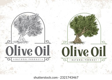 Olive oil logo label and design elements with vintage olive tree illustration