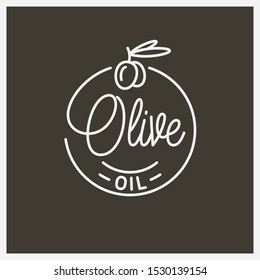 Olive oil logo. Round linear logo of olive branch on dark background
