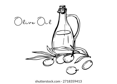 Olivenöl-Logo. Vektor Doodle Skizze Zeichen für mediterrane oder vegane Ernährung. Glasflasche mit Olivenzweigen und Schriftzug. Lebensmittel, Naturkosmetiketiketten, Verpackung, Emblem, Aufkleber