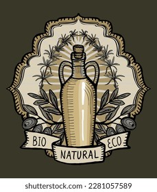 Olive oil logotype, hand drawn vector emblem illustration with bottle of olive oil, olives bunch, rosemary and ribbon