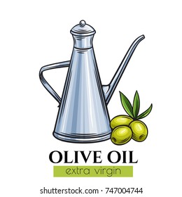 Olive oil metal dispenser with olives. Sketch food design.