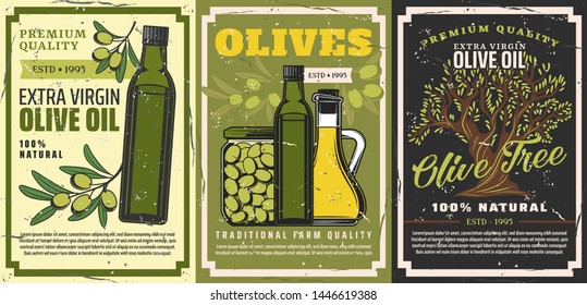 Olive oil and natural food products retro posters with vector bottles of extra virgin oil, jars of pickled green fruits and olive tree branches. Vegetable cooking oil, vegetarian salad dressing design