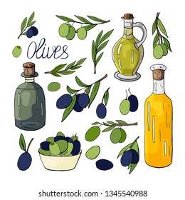 Olive oil, olives branches and olives isolated on white. Hand drawn olive set