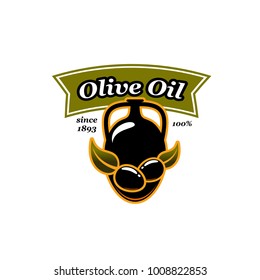 Olive oil and olives icon design template for extra virgin organic cooking oil product or bottle package label. Vector isolated symbol of black olive and green leaf for natural cooking oil