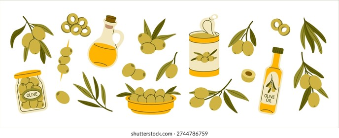 Olive oil and olives set: bottle, jar, tin can, bowl, branches, slices.