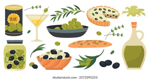 Olive Oil organic products set collection with glass jug, tin can, baguette, quiche, olive branches, martini, feta cheese