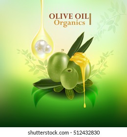 Olive oil organics collagen serum. Beauty Concept Skin Care Cosmetic.Background Vector Concept with gold drop of water , olive and leaves in green background