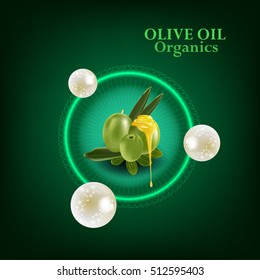 Olive Oil Organics Collagen Serum. Beauty Concept Skin Care Cosmetic. Background Vector Concept With Gold Drop Of Water , Olive And Leaves In Green Background