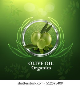 Olive Oil Organics Collagen Serum. Beauty Concept Skin Care Cosmetic.Background Vector Concept With Gold Drop Of Water , Olive And Leaves In Green Background