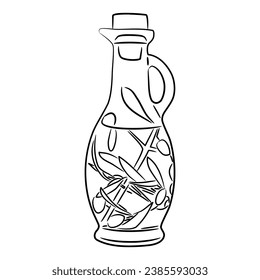 Olive oil in oval bottle with branch and olives fruits, from contour black brush lines different thickness on white background
