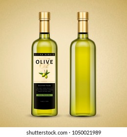 Olive oil package design, exquisite oil product in 3d illustration with label for design uses