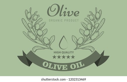 Olive oil package design for label with vintage sketch style. Vector Illustration.