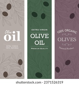 Olive oil packaging design, sticker design, product banner, fresh food, olive illustration.
