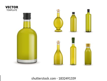 Olive oil packaging set. Isolated organic extra virgin olive oil glass bottle with label design mockup icons. Healthy natural food with stickers collection. Vegetarian product vector illustration