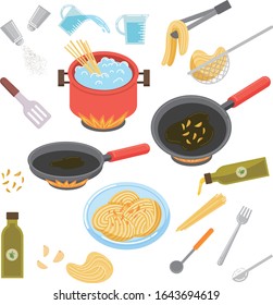 Olive oil pasta, kitchenware illustration set Italian cooking utensils and kitchen appliance vector drawing